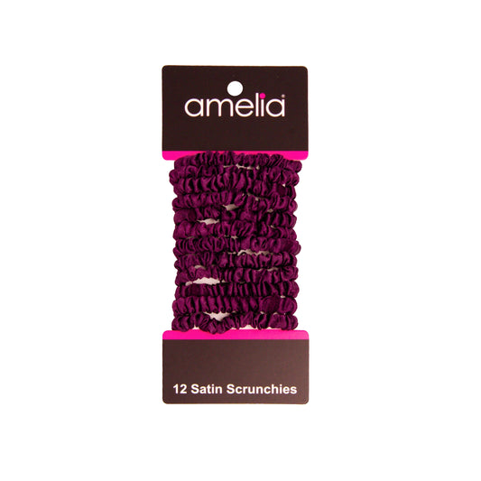 Amelia Beauty, Burgundy Skinny Satin Scrunchies, 2in Diameter, Gentle and Strong Hold, No Snag, No Dents or Creases. 12 Pack - 12 Retail Packs