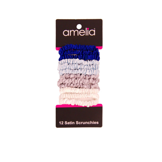 Amelia Beauty, Ocean Mix Skinny Satin Scrunchies, 2in Diameter, Gentle and Strong Hold, No Snag, No Dents or Creases. 12 Pack - 12 Retail Packs