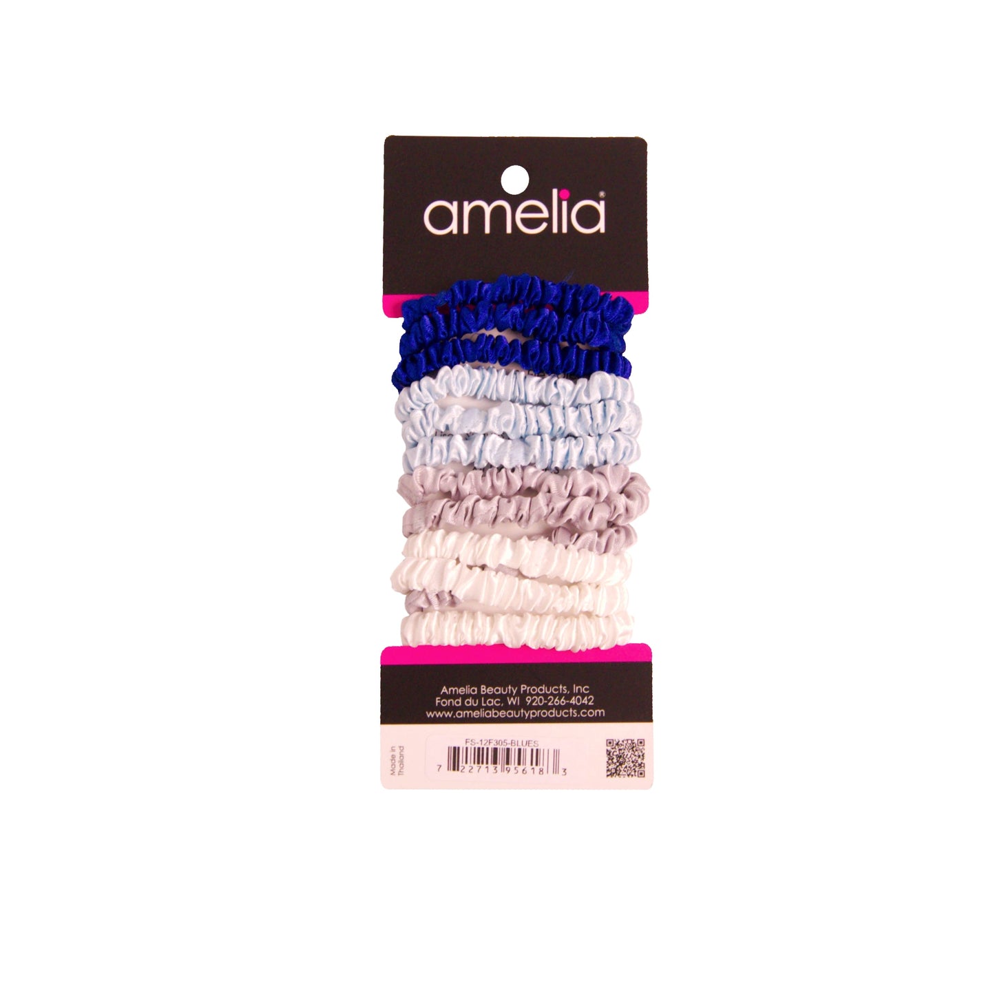 Amelia Beauty, Ocean Mix Skinny Satin Scrunchies, 2in Diameter, Gentle and Strong Hold, No Snag, No Dents or Creases. 12 Pack - 12 Retail Packs