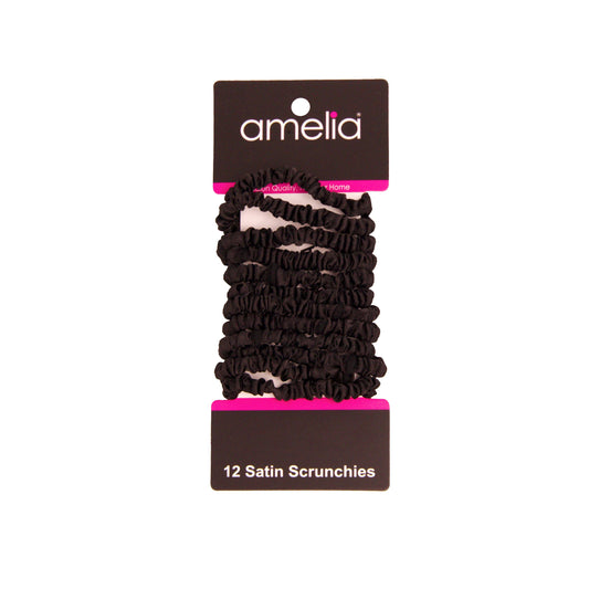Amelia Beauty, Black Skinny Satin Scrunchies, 2in Diameter, Gentle and Strong Hold, No Snag, No Dents or Creases. 12 Pack - 12 Retail Packs