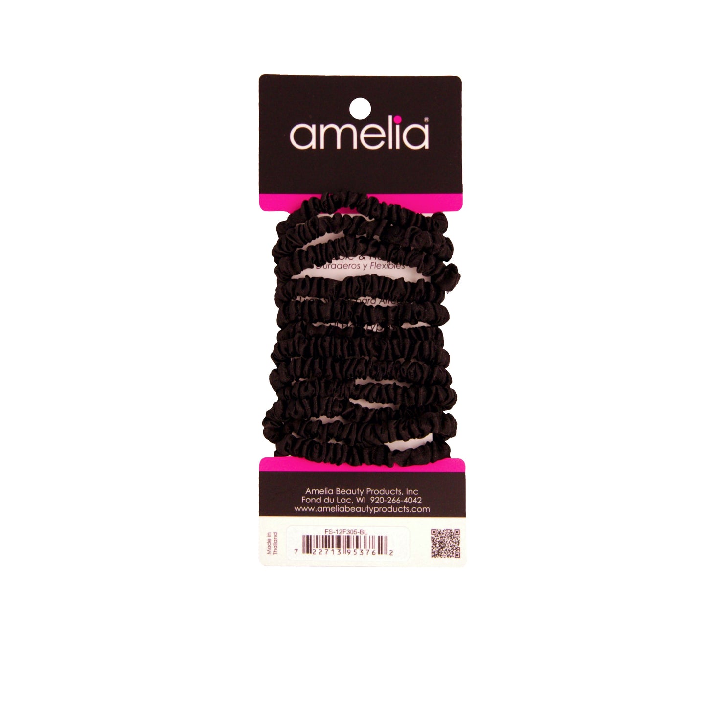 Amelia Beauty, Black Skinny Satin Scrunchies, 2in Diameter, Gentle and Strong Hold, No Snag, No Dents or Creases. 12 Pack - 12 Retail Packs