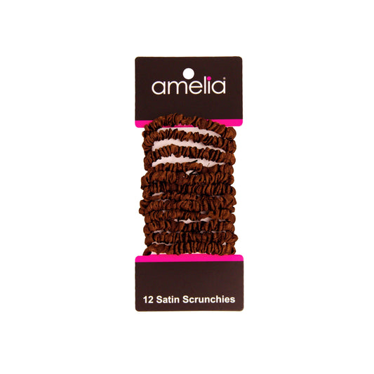 Amelia Beauty, Brown Skinny Satin Scrunchies, 2in Diameter, Gentle and Strong Hold, No Snag, No Dents or Creases. 12 Pack - 12 Retail Packs