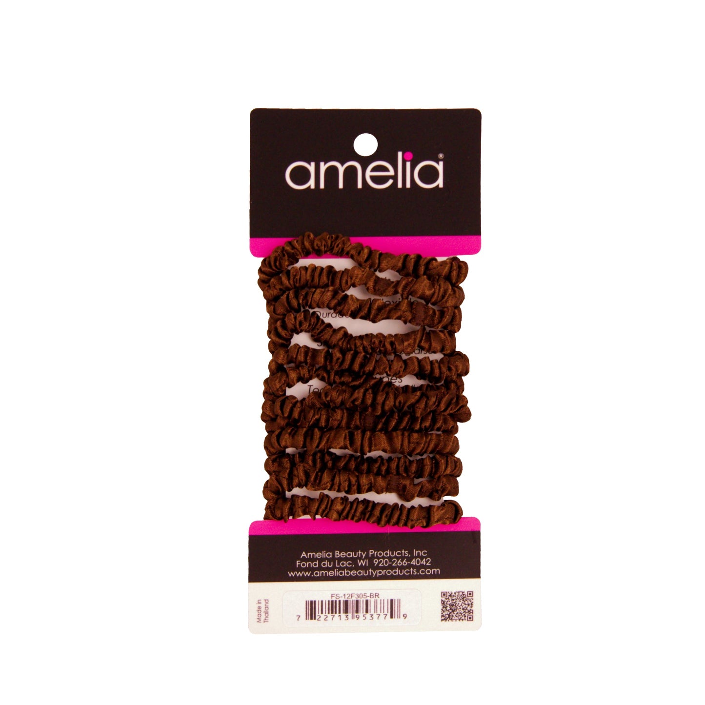 Amelia Beauty, Brown Skinny Satin Scrunchies, 2in Diameter, Gentle and Strong Hold, No Snag, No Dents or Creases. 12 Pack - 12 Retail Packs