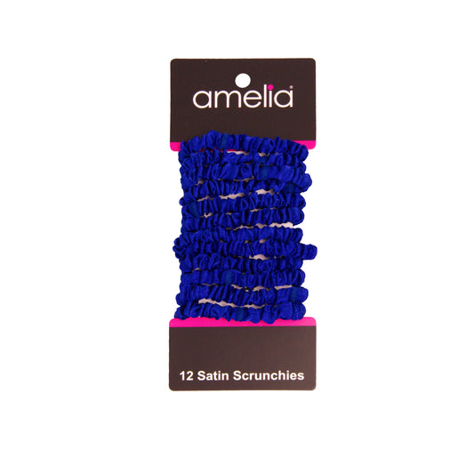 Amelia Beauty, Blue Skinny Satin Scrunchies, 2in Diameter, Gentle and Strong Hold, No Snag, No Dents or Creases. 12 Pack - 12 Retail Packs