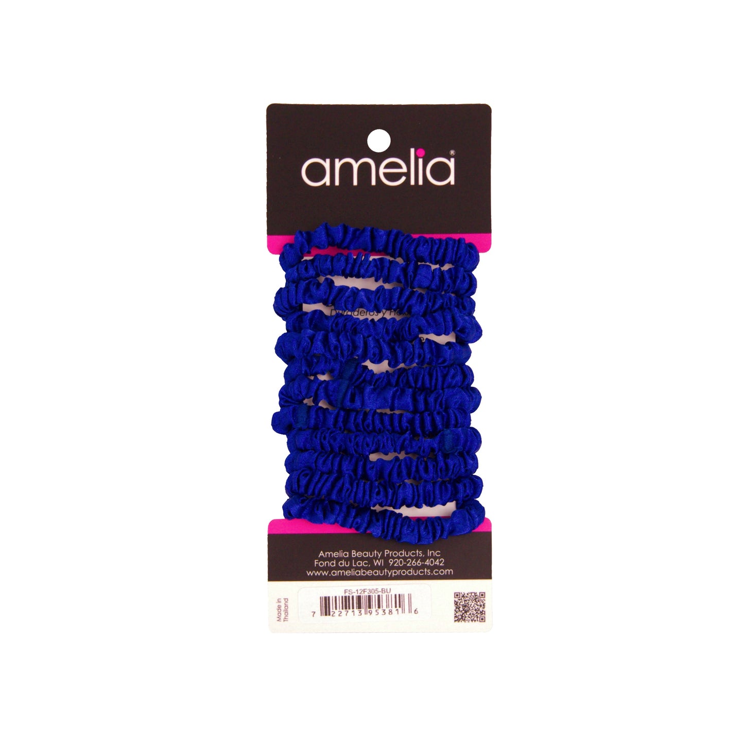 Amelia Beauty, Blue Skinny Satin Scrunchies, 2in Diameter, Gentle and Strong Hold, No Snag, No Dents or Creases. 12 Pack - 12 Retail Packs