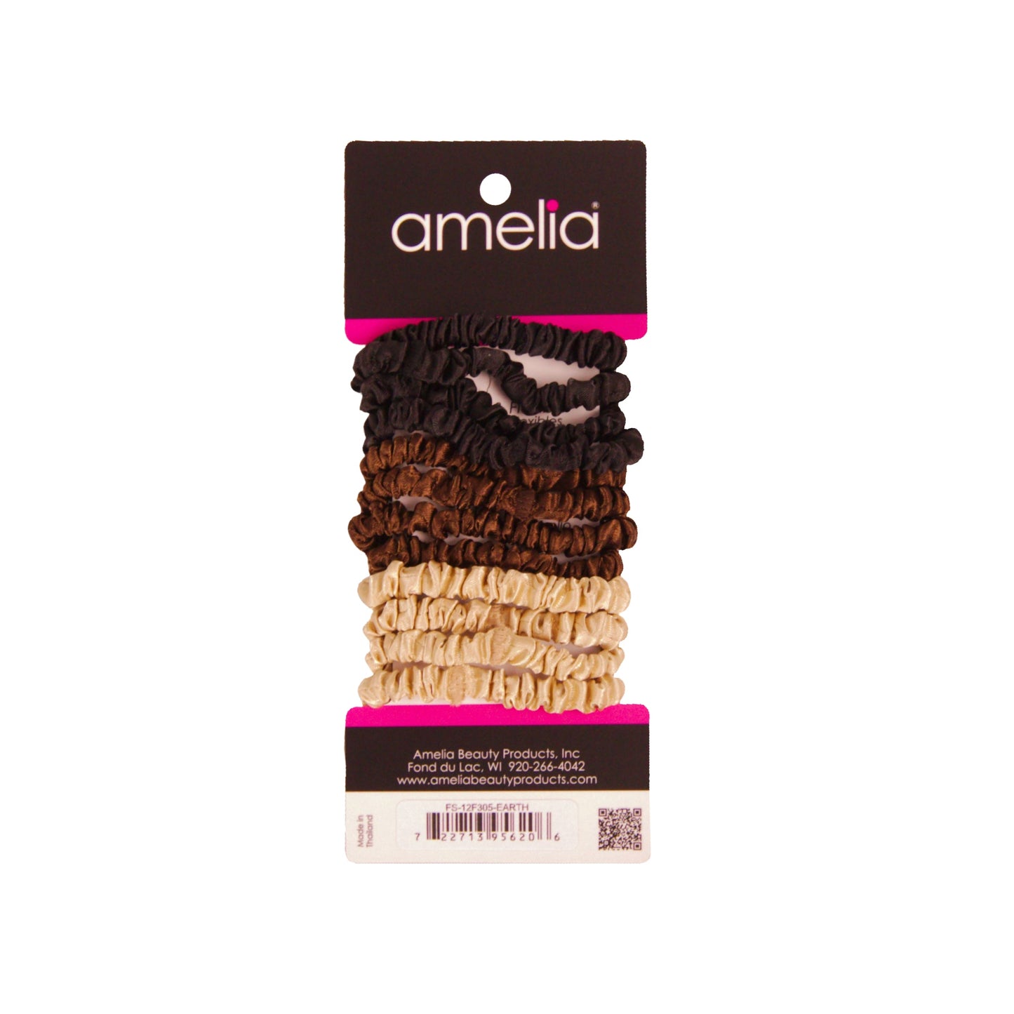 Amelia Beauty, Earth Tones Skinny Satin Scrunchies, 2in Diameter, Gentle and Strong Hold, No Snag, No Dents or Creases. 12 Pack - 12 Retail Packs