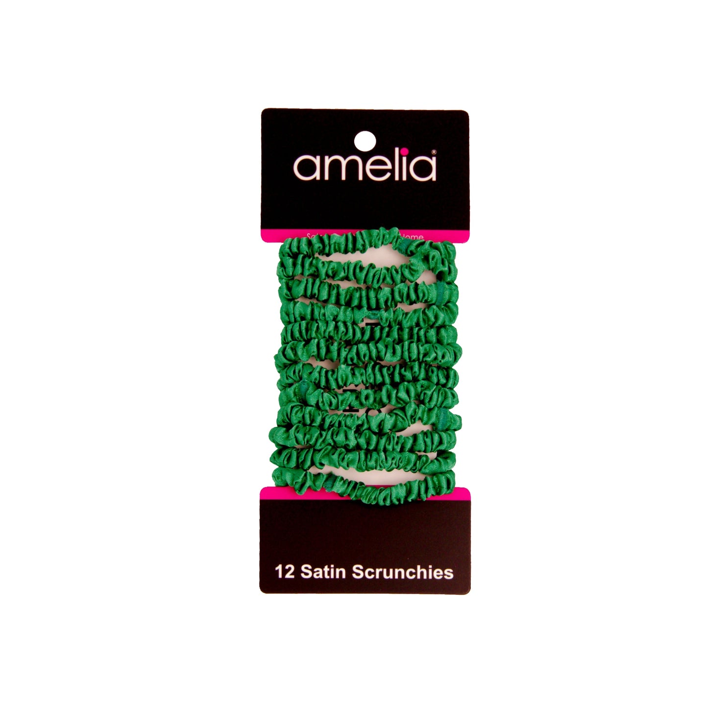 Amelia Beauty, Green Skinny Satin Scrunchies, 2in Diameter, Gentle and Strong Hold, No Snag, No Dents or Creases. 12 Pack - 12 Retail Packs