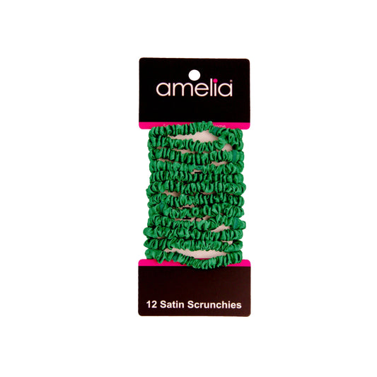 Amelia Beauty, Green Skinny Satin Scrunchies, 2in Diameter, Gentle and Strong Hold, No Snag, No Dents or Creases. 12 Pack - 12 Retail Packs