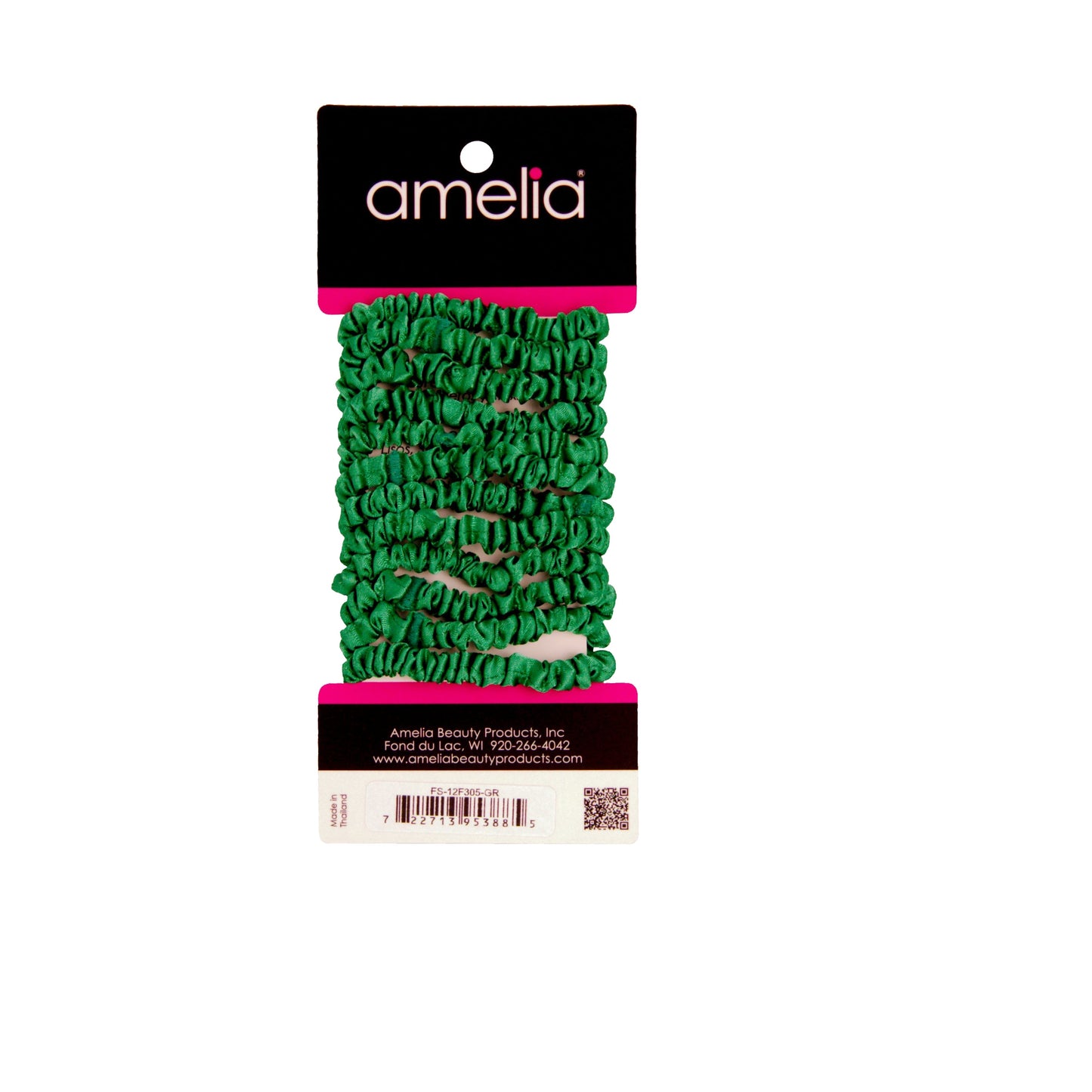 Amelia Beauty, Green Skinny Satin Scrunchies, 2in Diameter, Gentle and Strong Hold, No Snag, No Dents or Creases. 12 Pack - 12 Retail Packs