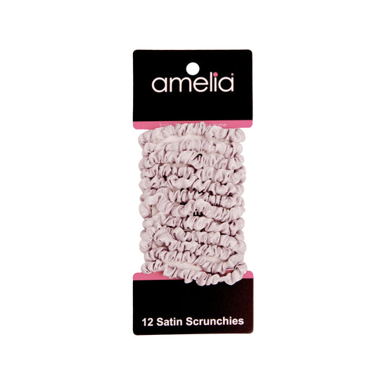 Amelia Beauty, Grey Skinny Satin Scrunchies, 2in Diameter, Gentle and Strong Hold, No Snag, No Dents or Creases. 12 Pack - 12 Retail Packs
