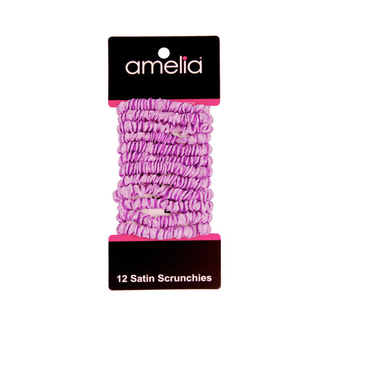 Amelia Beauty, Lavender Skinny Satin Scrunchies, 2in Diameter, Gentle and Strong Hold, No Snag, No Dents or Creases. 12 Pack - 12 Retail Packs