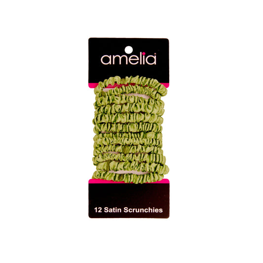 Amelia Beauty, Lime Skinny Satin Scrunchies, 2in Diameter, Gentle and Strong Hold, No Snag, No Dents or Creases. 12 Pack - 12 Retail Packs