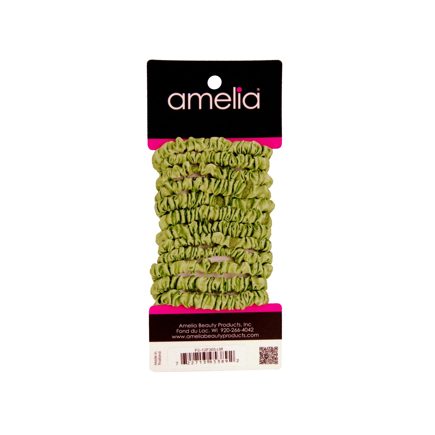 Amelia Beauty, Lime Skinny Satin Scrunchies, 2in Diameter, Gentle and Strong Hold, No Snag, No Dents or Creases. 12 Pack - 12 Retail Packs