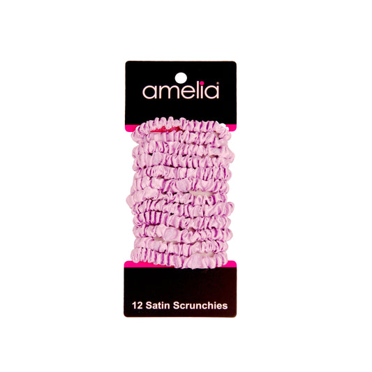 Amelia Beauty, Pink Skinny Satin Scrunchies, 2in Diameter, Gentle and Strong Hold, No Snag, No Dents or Creases. 12 Pack - 12 Retail Packs
