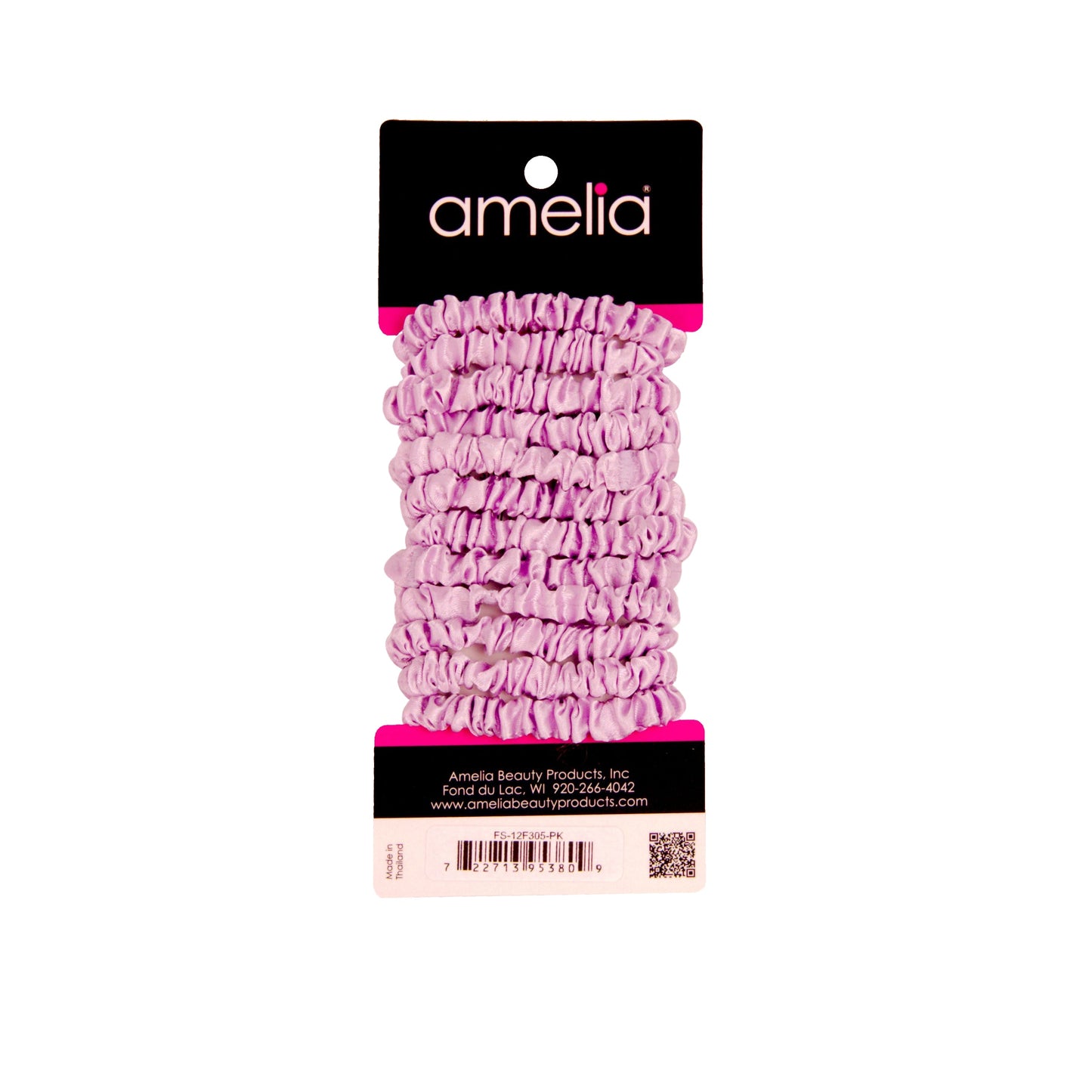 Amelia Beauty, Pink Skinny Satin Scrunchies, 2in Diameter, Gentle and Strong Hold, No Snag, No Dents or Creases. 12 Pack - 12 Retail Packs