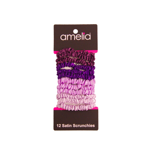 Amelia Beauty, Purple Blend Skinny Satin Scrunchies, 2in Diameter, Gentle and Strong Hold, No Snag, No Dents or Creases. 12 Pack - 12 Retail Packs