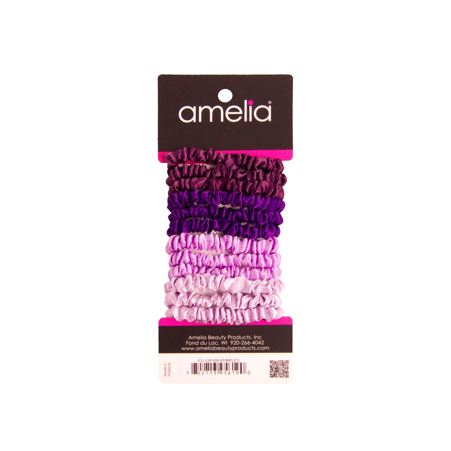 Amelia Beauty, Purple Blend Skinny Satin Scrunchies, 2in Diameter, Gentle and Strong Hold, No Snag, No Dents or Creases. 12 Pack - 12 Retail Packs