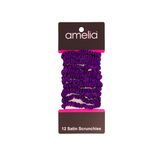 Amelia Beauty, Purple Skinny Satin Scrunchies, 2in Diameter, Gentle and Strong Hold, No Snag, No Dents or Creases. 12 Pack - 12 Retail Packs