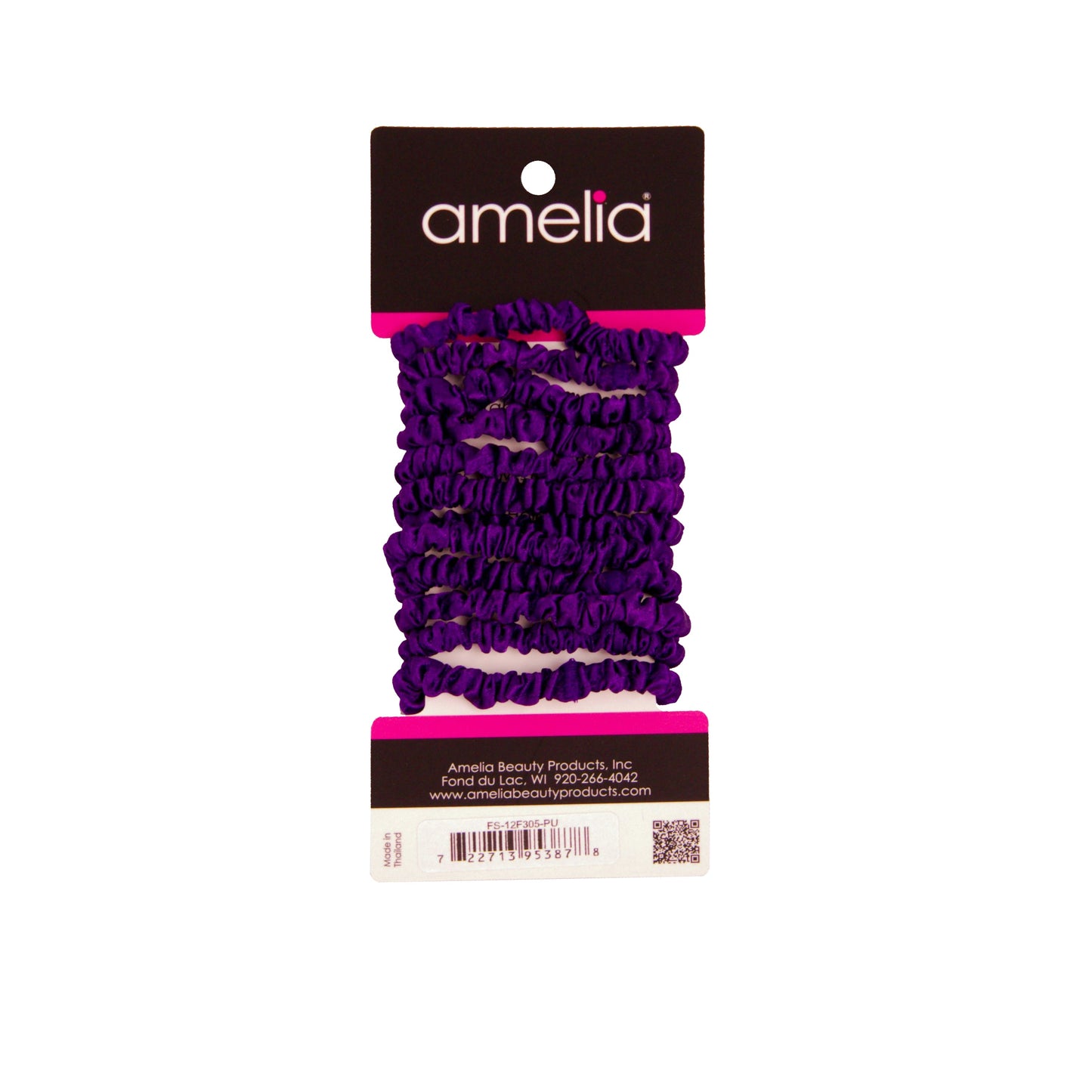 Amelia Beauty, Purple Skinny Satin Scrunchies, 2in Diameter, Gentle and Strong Hold, No Snag, No Dents or Creases. 12 Pack - 12 Retail Packs