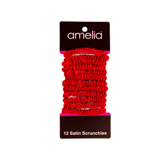 Amelia Beauty, Red Skinny Satin Scrunchies, 2in Diameter, Gentle and Strong Hold, No Snag, No Dents or Creases. 12 Pack - 12 Retail Packs