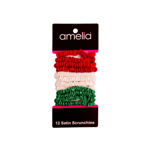 Amelia Beauty, Red, White and Green Mix Skinny Satin Scrunchies, 2in Diameter, Gentle and Strong Hold, No Snag, No Dents or Creases. 12 Pack - 12 Retail Packs