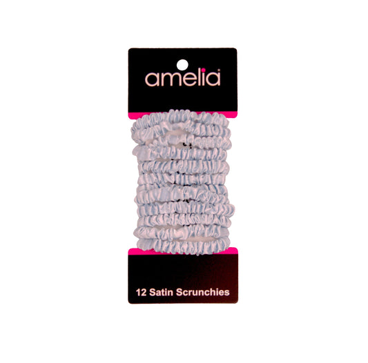 Amelia Beauty, Sky Blue Skinny Satin Scrunchies, 2in Diameter, Gentle and Strong Hold, No Snag, No Dents or Creases. 12 Pack - 12 Retail Packs
