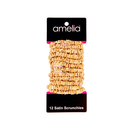 Amelia Beauty, Tan Skinny Satin Scrunchies, 2in Diameter, Gentle and Strong Hold, No Snag, No Dents or Creases. 12 Pack - 12 Retail Packs