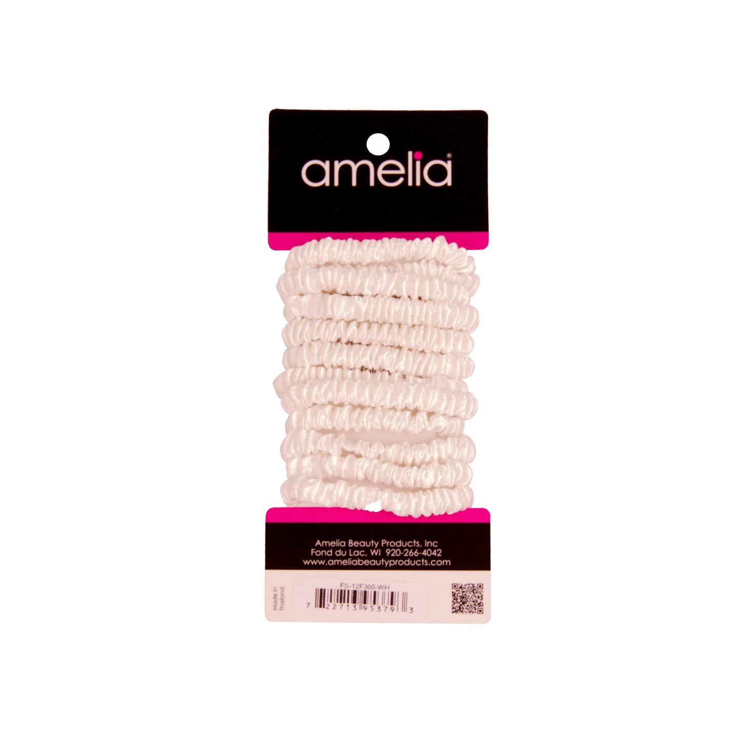 Amelia Beauty, White Skinny Satin Scrunchies, 2in Diameter, Gentle and Strong Hold, No Snag, No Dents or Creases. 12 Pack - 12 Retail Packs