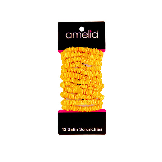 Amelia Beauty, Yellow Skinny Satin Scrunchies, 2in Diameter, Gentle and Strong Hold, No Snag, No Dents or Creases. 12 Pack - 12 Retail Packs