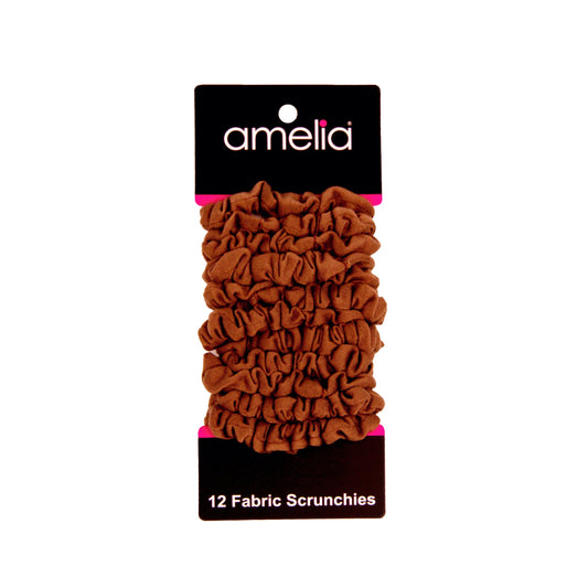 Amelia Beauty, Brown Jersey Scrunchies, 2.25in Diameter, Gentle on Hair, Strong Hold, No Snag, No Dents or Creases. 12 Pack - 12 Retail Packs