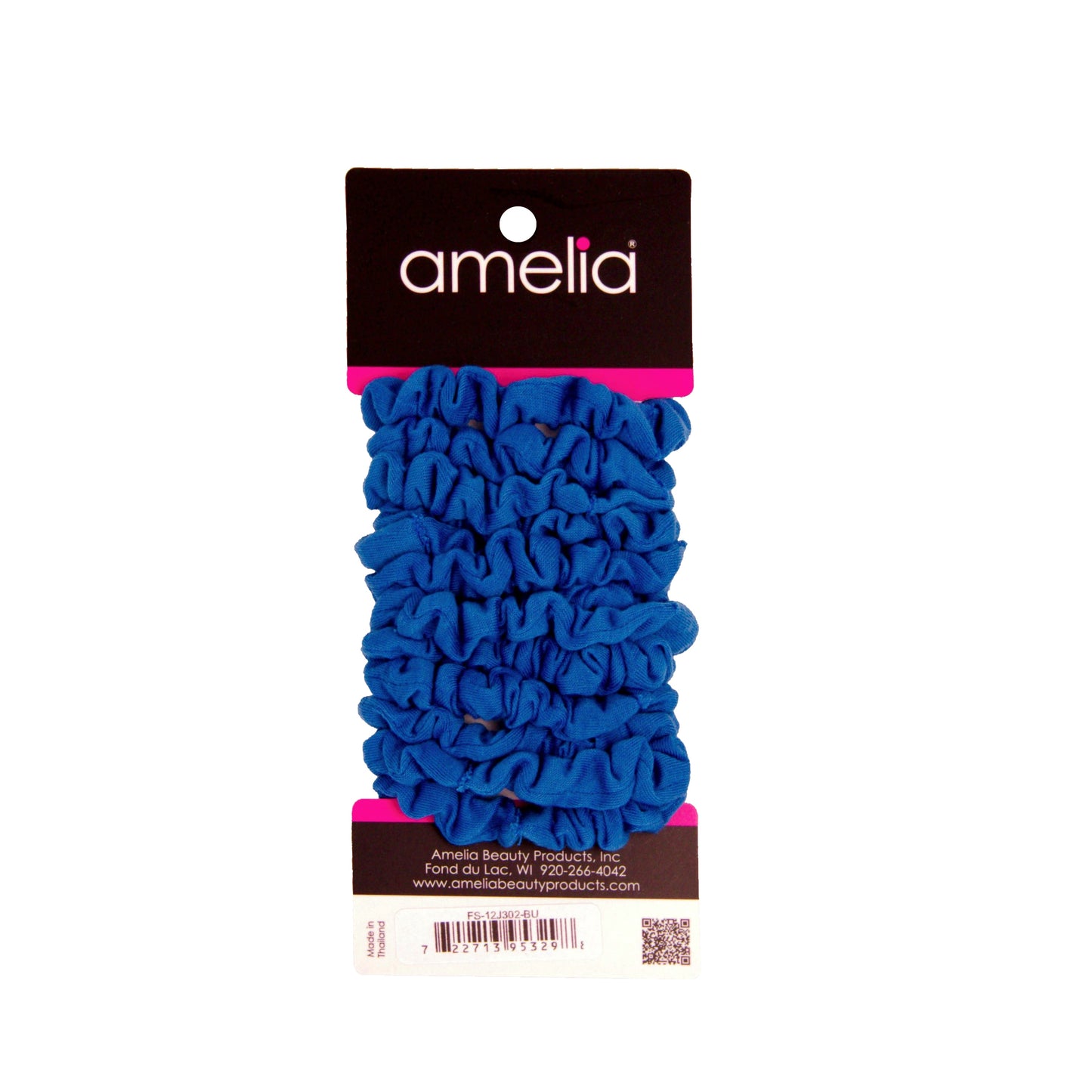 Amelia Beauty, Blue Jersey Scrunchies, 2.25in Diameter, Gentle on Hair, Strong Hold, No Snag, No Dents or Creases. 12 Pack - 12 Retail Packs