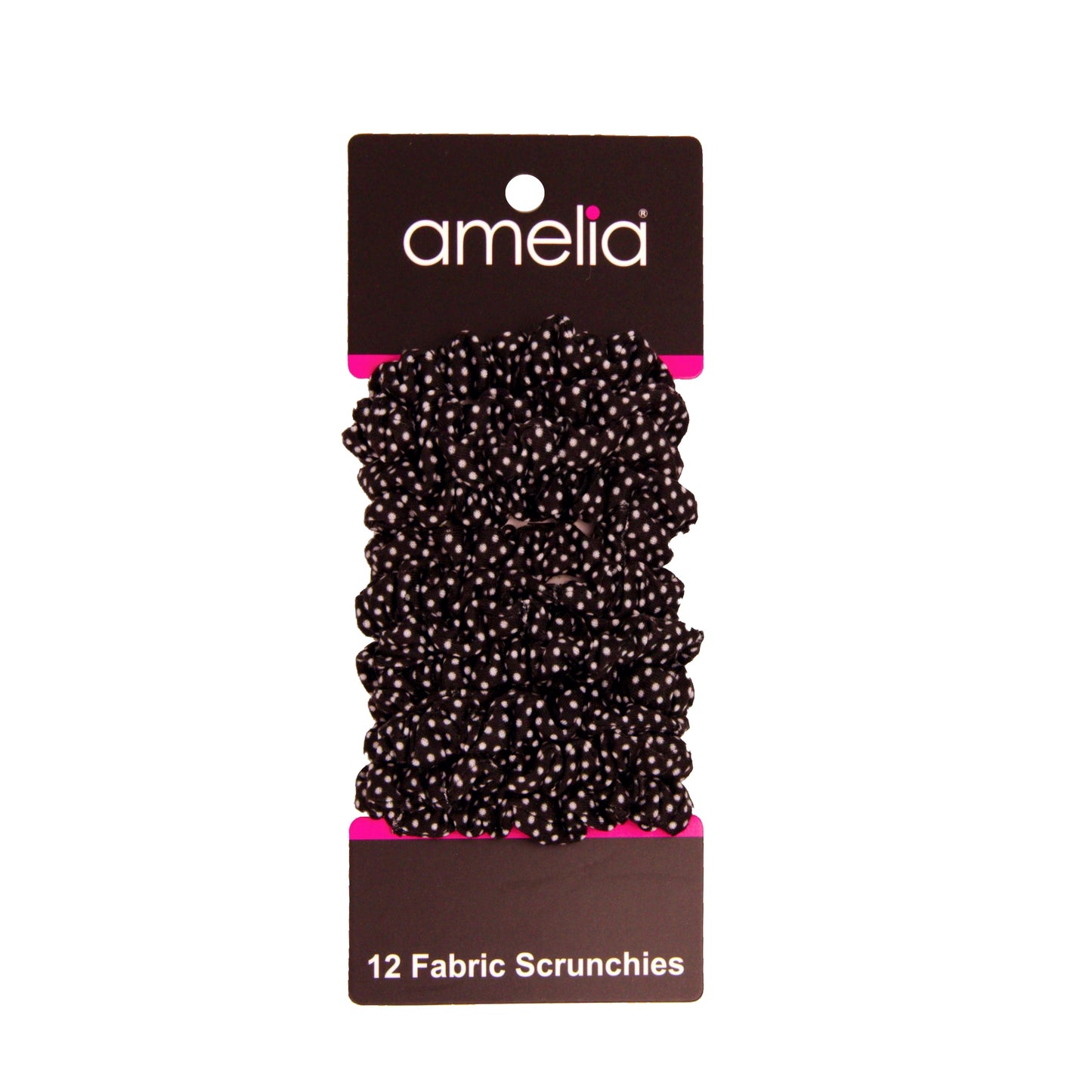 Amelia Beauty, Black/White Polka Dot Jersey Scrunchies, 2.25in Diameter, Gentle on Hair, Strong Hold, No Snag, No Dents or Creases. 12 Pack - 12 Retail Packs