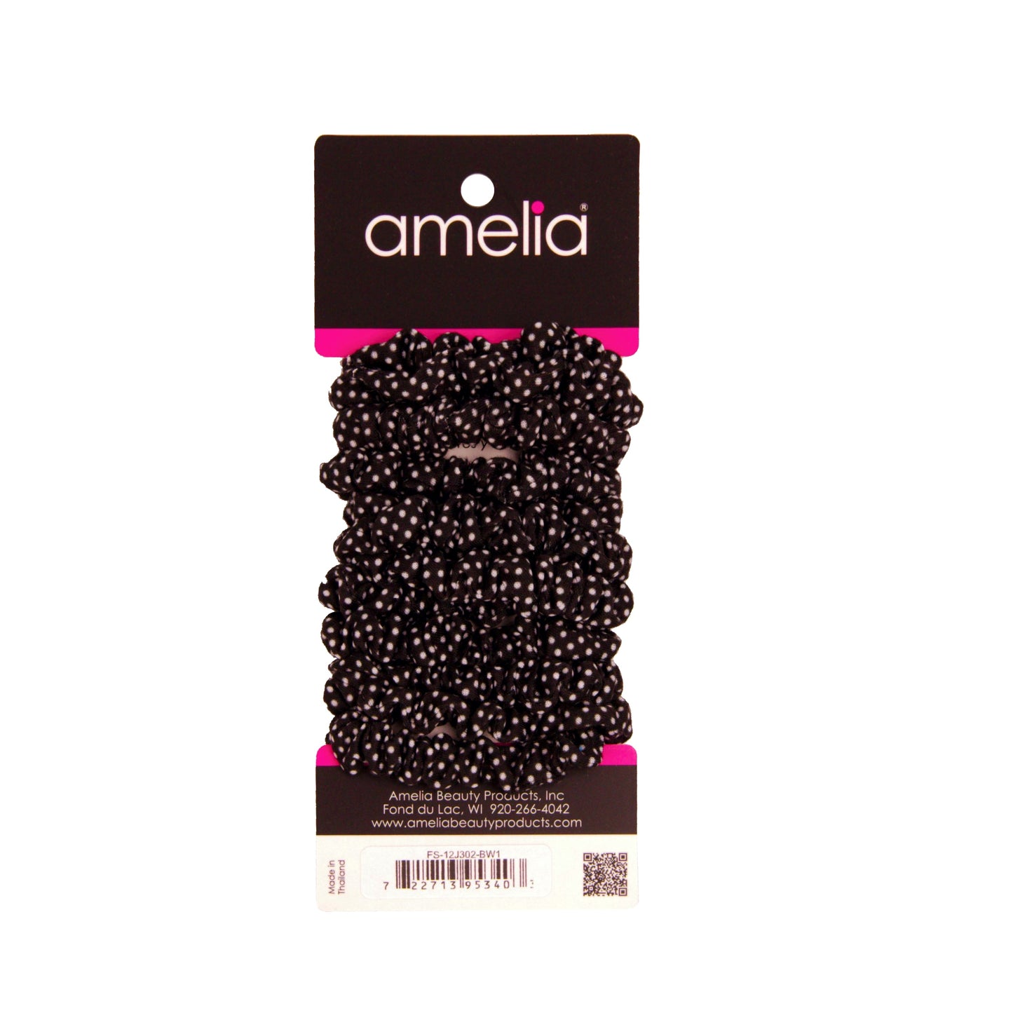 Amelia Beauty, Black/White Polka Dot Jersey Scrunchies, 2.25in Diameter, Gentle on Hair, Strong Hold, No Snag, No Dents or Creases. 12 Pack - 12 Retail Packs