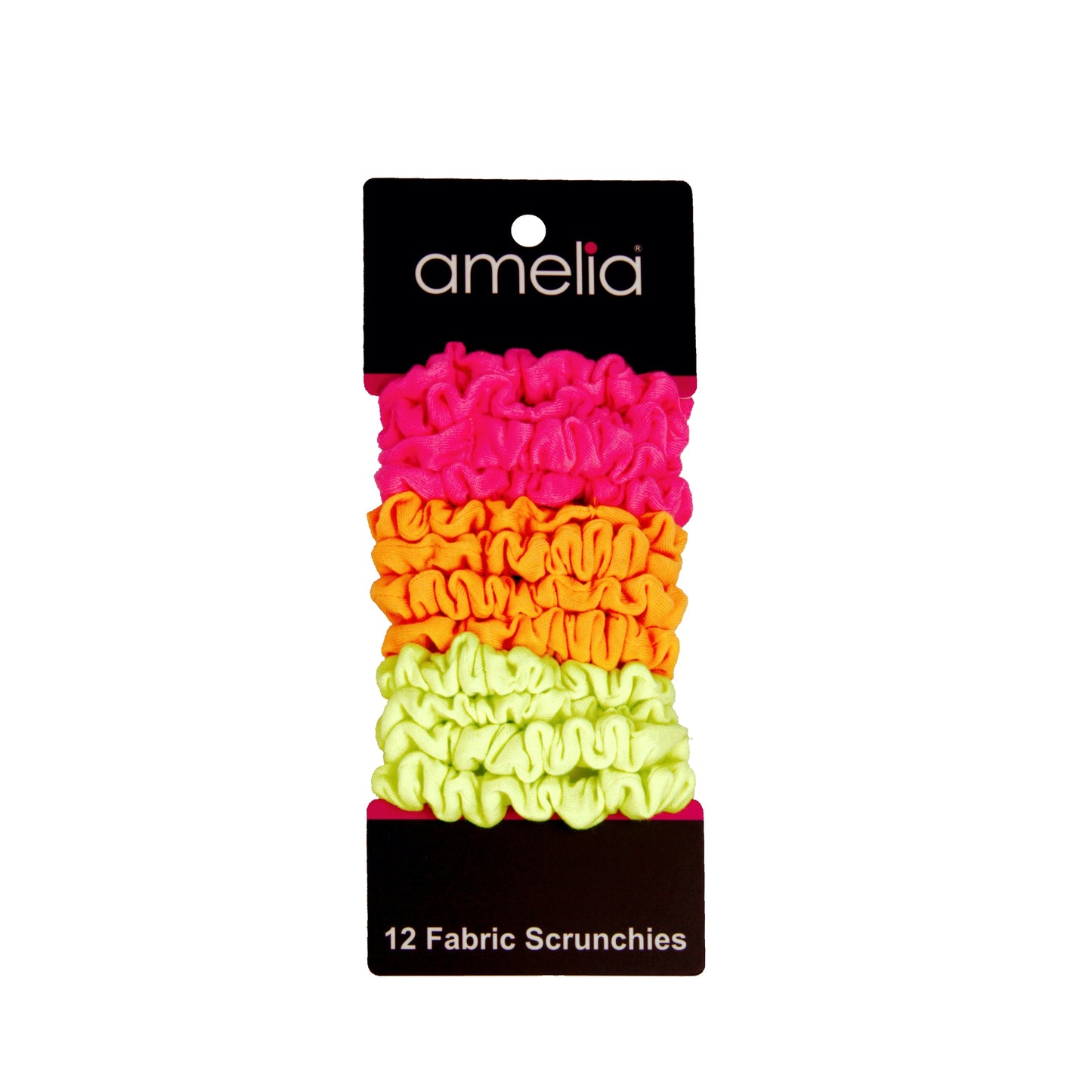 Amelia Beauty, Neon Mix Jersey Scrunchies, 2.25in Diameter, Gentle on Hair, Strong Hold, No Snag, No Dents or Creases. 12 Pack - 12 Retail Packs