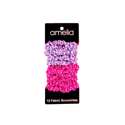 Amelia Beauty, Pink and Blue Polka Dot Mix Jersey Scrunchies, 2.25in Diameter, Gentle on Hair, Strong Hold, No Snag, No Dents or Creases. 12 Pack - 12 Retail Packs