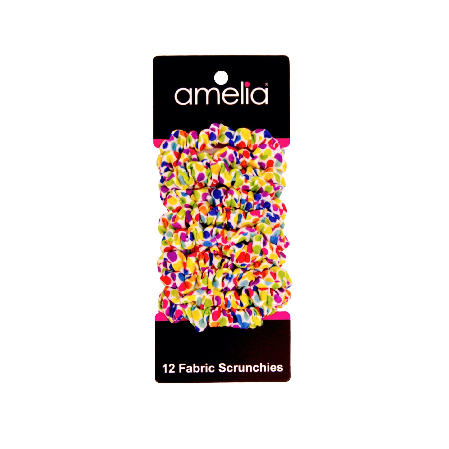 Amelia Beauty, Rainbow Dots Jersey Scrunchies, 2.25in Diameter, Gentle on Hair, Strong Hold, No Snag, No Dents or Creases. 12 Pack - 12 Retail Packs