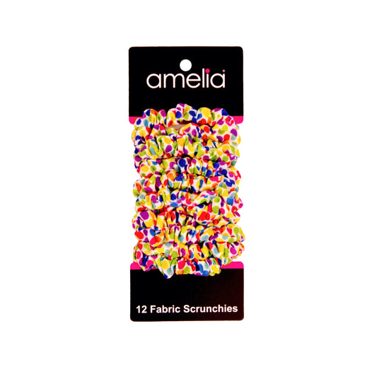 Amelia Beauty, Rainbow Dots Jersey Scrunchies, 2.25in Diameter, Gentle on Hair, Strong Hold, No Snag, No Dents or Creases. 12 Pack - 12 Retail Packs