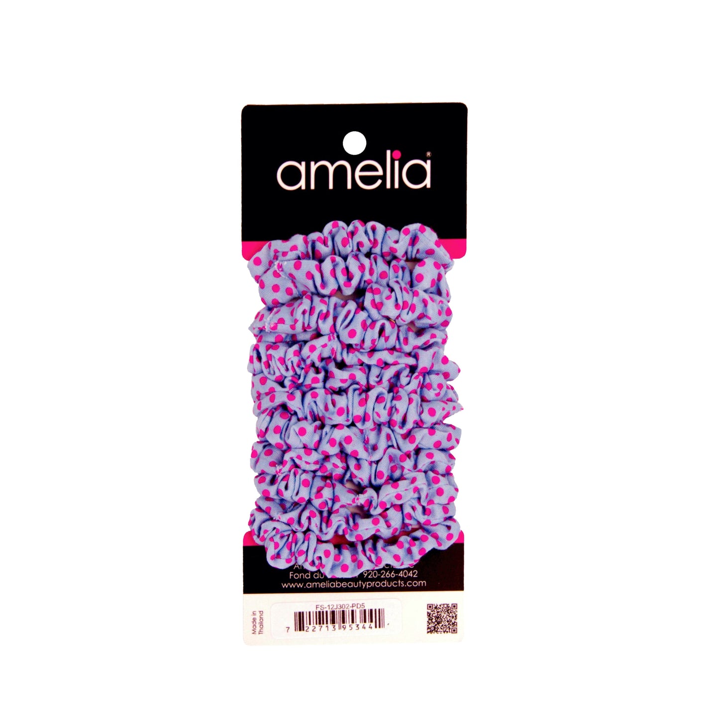 Amelia Beauty, Blue/Pink Dot Jersey Scrunchies, 2.25in Diameter, Gentle on Hair, Strong Hold, No Snag, No Dents or Creases. 12 Pack - 12 Retail Packs