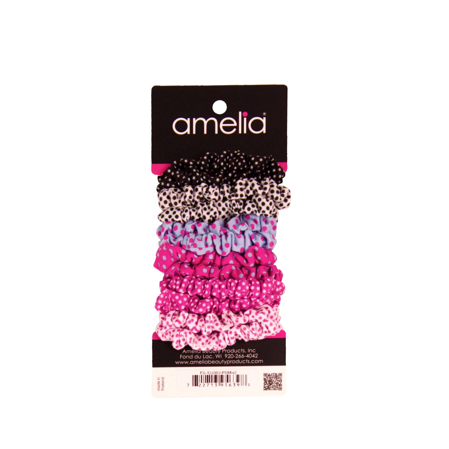 Amelia Beauty, Polka Dot Mix Jersey Scrunchies, 2.25in Diameter, Gentle on Hair, Strong Hold, No Snag, No Dents or Creases. 12 Pack - 12 Retail Packs