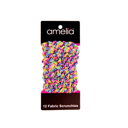 Amelia Beauty, Rainbow Stripe Jersey Scrunchies, 2.25in Diameter, Gentle on Hair, Strong Hold, No Snag, No Dents or Creases. 12 Pack - 12 Retail Packs