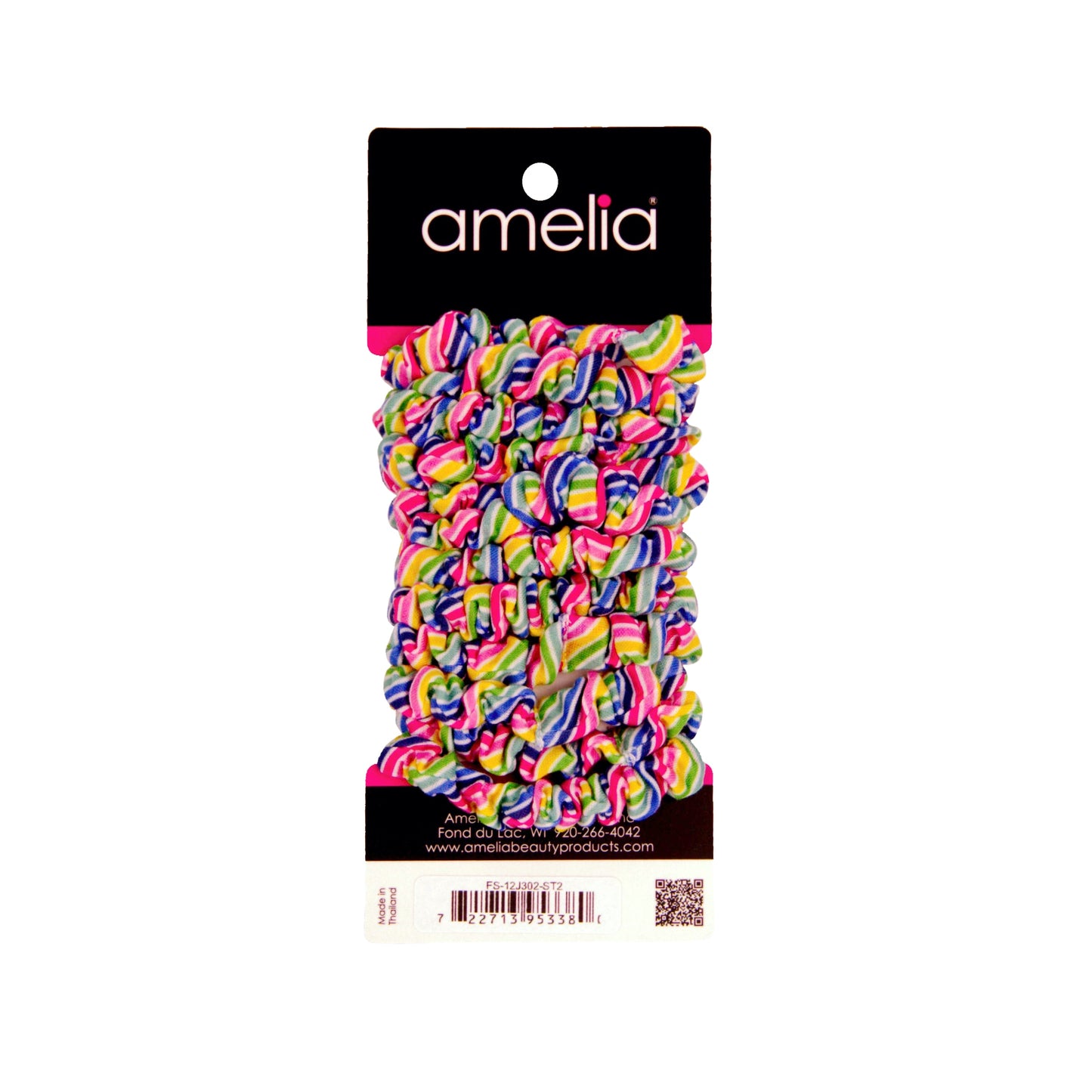 Amelia Beauty, Rainbow Stripe Jersey Scrunchies, 2.25in Diameter, Gentle on Hair, Strong Hold, No Snag, No Dents or Creases. 12 Pack - 12 Retail Packs