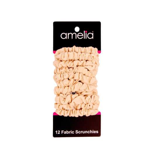 Amelia Beauty, Tan Jersey Scrunchies, 2.25in Diameter, Gentle on Hair, Strong Hold, No Snag, No Dents or Creases. 12 Pack - 12 Retail Packs