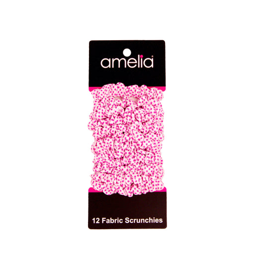 Amelia Beauty, White/Pink Dot Jersey Scrunchies, 2.25in Diameter, Gentle on Hair, Strong Hold, No Snag, No Dents or Creases. 12 Pack - 12 Retail Packs