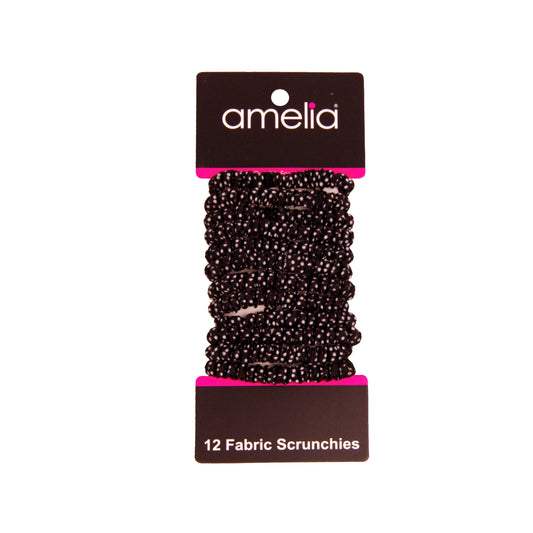 Amelia Beauty, Black with White Dots Skinny Jersey Scrunchies, 2.125in Diameter, Gentle on Hair, Strong Hold, No Snag, No Dents or Creases. 12 Pack - 12 Retail Packs