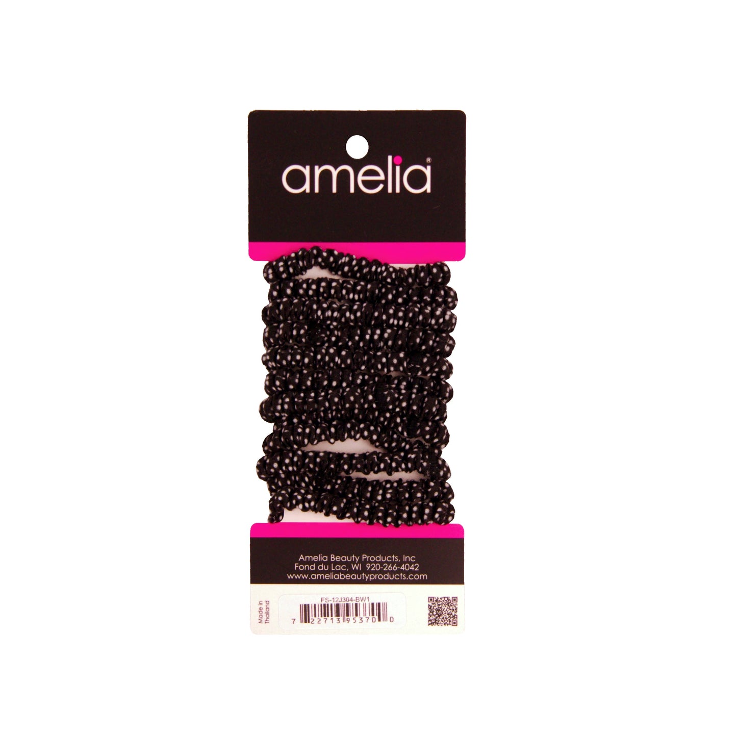 Amelia Beauty, Black with White Dots Skinny Jersey Scrunchies, 2.125in Diameter, Gentle on Hair, Strong Hold, No Snag, No Dents or Creases. 12 Pack - 12 Retail Packs