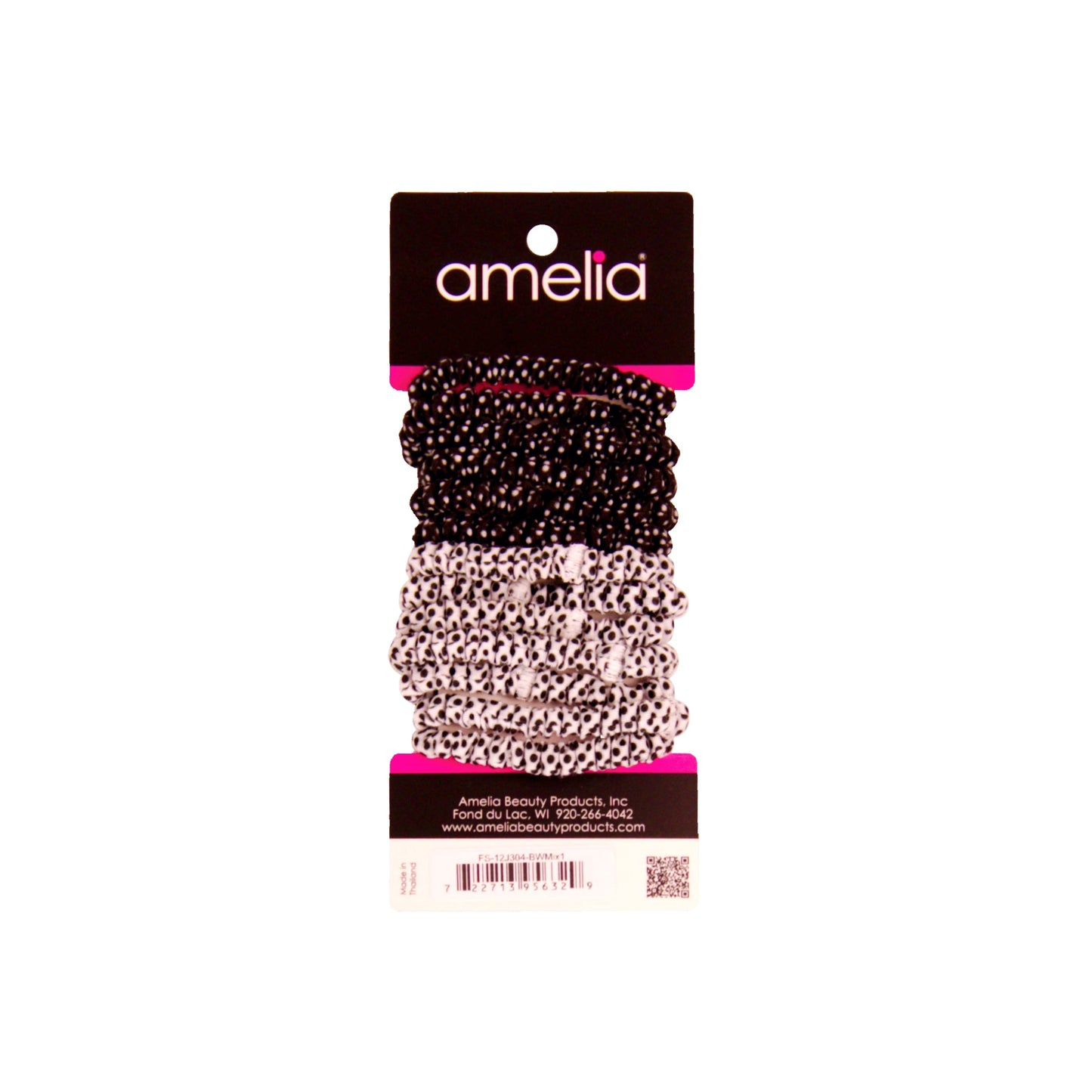 Amelia Beauty, Black and White Dot Mix Skinny Jersey Scrunchies, 2.125in Diameter, Gentle on Hair, Strong Hold, No Snag, No Dents or Creases. 12 Pack - 12 Retail Packs