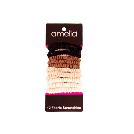Amelia Beauty, Earth Tones Skinny Jersey Scrunchies, 2.125in Diameter, Gentle on Hair, Strong Hold, No Snag, No Dents or Creases. 12 Pack - 12 Retail Packs