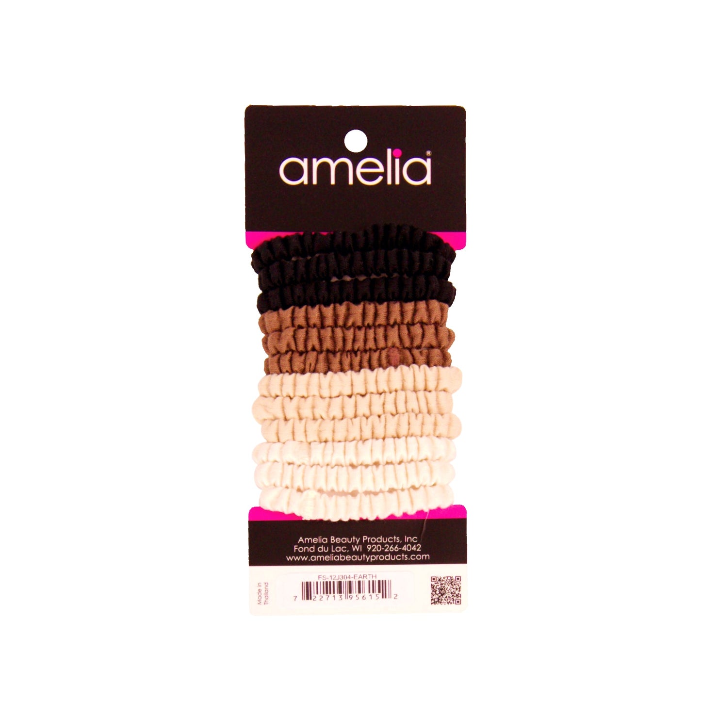 Amelia Beauty, Earth Tones Skinny Jersey Scrunchies, 2.125in Diameter, Gentle on Hair, Strong Hold, No Snag, No Dents or Creases. 12 Pack - 12 Retail Packs