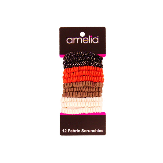 Amelia Beauty, Fall Blend Skinny Jersey Scrunchies, 2.125in Diameter, Gentle on Hair, Strong Hold, No Snag, No Dents or Creases. 12 Pack - 12 Retail Packs