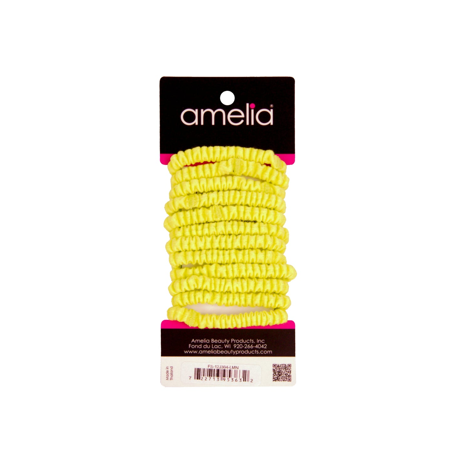 Amelia Beauty, Neon Lime Skinny Jersey Scrunchies, 2.125in Diameter, Gentle on Hair, Strong Hold, No Snag, No Dents or Creases. 12 Pack - 12 Retail Packs